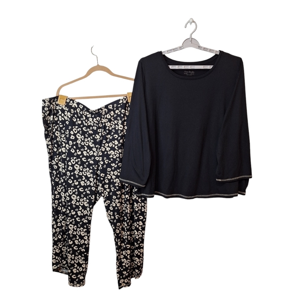 AnyBody Womens 3XT Regular Brushed Jersey‎ Printed Sleep Set Black Animal Lounge